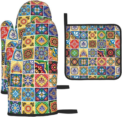 Mexican Talavera Tile Oven Mitts and Pot Holders Sets of 3, Heat Resistant by Unknown