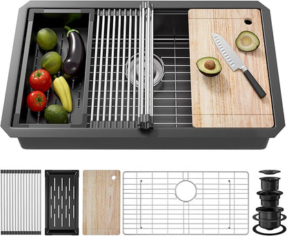 30 Inch Undermount Kitchen Sink Stainless Steel, 30x19 Undermount Workstation Sink Single Bowl Commercial 16 Gauge Stainless Steel Kitchen Sinks Black