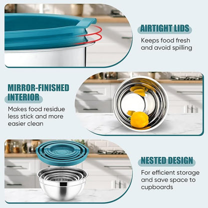 P&P CHEF Mixing Bowls with Airtight Lids Set of 5, 10-Piece Stainless Steel - Image 3
