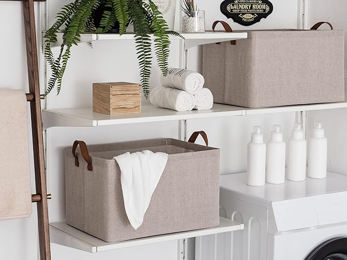 StorageWorks 45L Extra Large Storage Baskets, Storage Bins for Shelves, Closet, Fabric Organizers with Handles and Metal Frame, Brown and Beige, 2-Pack