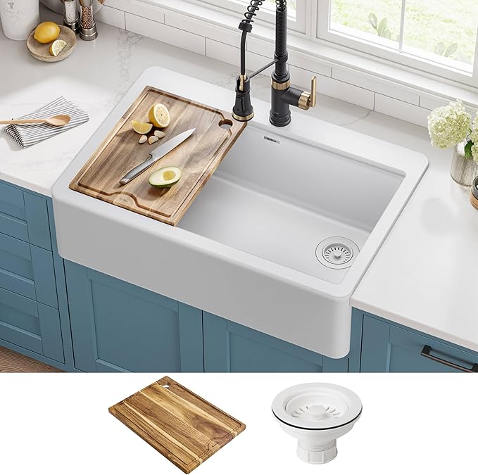 KRAUS Bellucci 33” Workstation Drop In Retrofit Farmhouse Single Bowl Granite Kitchen Sink in White with Accessories