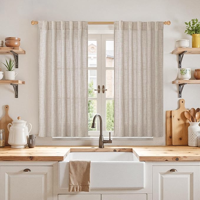 YoungsTex Short Linen Curtains 45 Inch Length for Cafe Window, Natural Light Filtering Drapes with Rod Pocket Back Tab Semi Sheer for Kitchen Window, 2 Panels, 42 X 45 Inch