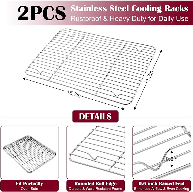 E-far Baking Sheet with Wire Rack, Stainless Steel Cookie Sheets Pan & Cooling - Image 3