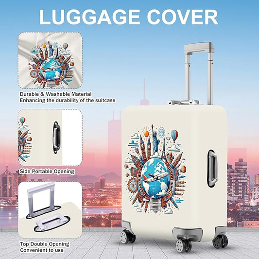 ANNA QUEEN Travel Around the World Luggage Cover, Colorful Landmark Suitcase Protector with Airplane & Globe Design, Stretchable, Washable Travel Sleeve for 20-22 Inch Luggage