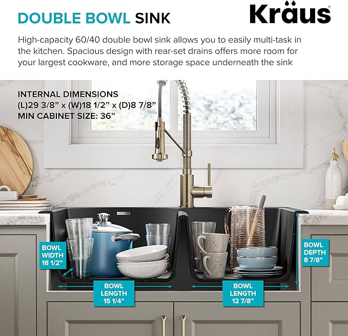 KRAUS Forteza 33-inch Drop In/Undermount 60/40 Double Bowl Granite Kitchen Sink in Black, KGD-50BLACK