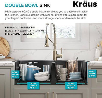 KRAUS Forteza 33-inch Drop In/Undermount 60/40 Double Bowl Granite Kitchen Sink in Black, KGD-50BLACK
