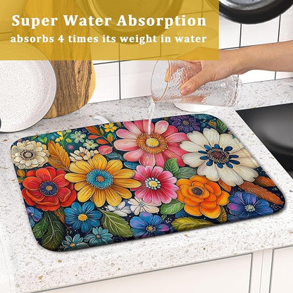 Giwawa Boho Flower Dish Drying Mat, Colorful Floral Leaf Dish Drainer Mats - Image 7