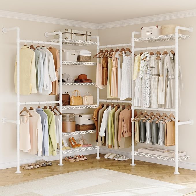 ONBRILL L4 Wall Mounted Industrial Pipe Clothing Rack, Closet Organizer System with 6 Hanging Clothes Rods ( 4 Expandable Rods) & 8 Shelves, Heavy Duty Corner Garment Rack, Large Wardrobe - White