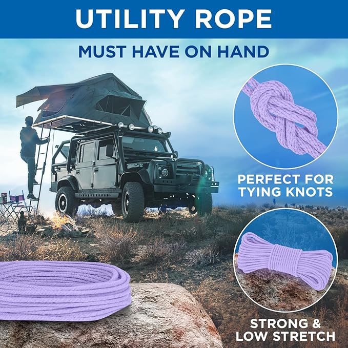 TECEUM Cotton Rope 3/16” (5 mm) – 50 FT – Strong All-Purpose Braided Rope – Natural Cotton – for Crafting, Сamping, Clothes Line, DIY, Indoor & Outdoor Use – Lavander