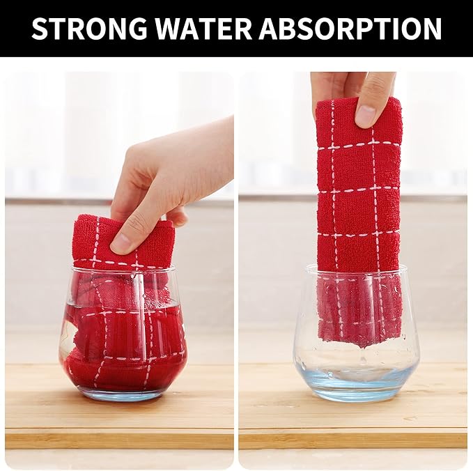 Homaxy 100% Cotton Terry Kitchen Towels(Red, 13 x 28 inches), Checkered Designed, Soft and Super Absorbent Dish Towels, 4 Pack