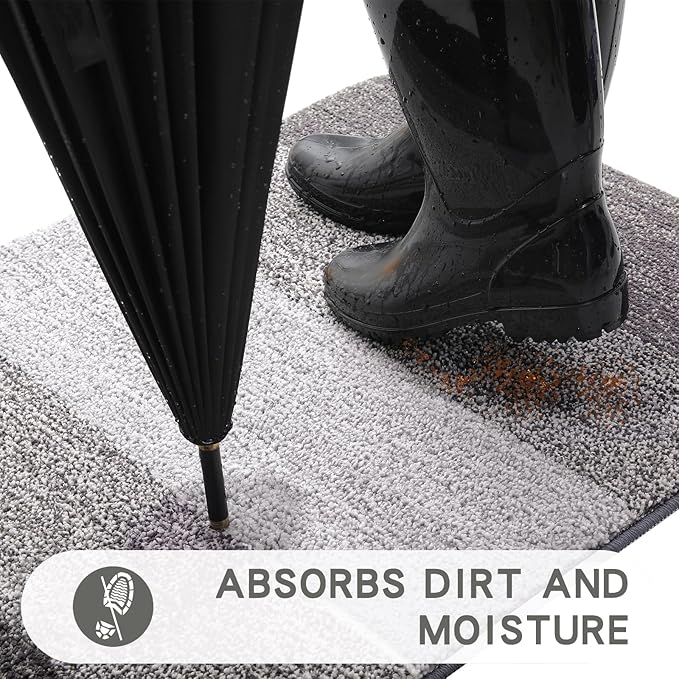 Kitinjoy Indoor Outdoor Door Mat, 30x17 Non-Slip Absorbent Dirt Trapper, Low-Profile Washable Inside Entrance Front Floor Mat, Sturdy Soft Entry Doormats for Entryway, Light Grey