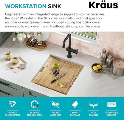 KRAUS Kore 17-Inch Undermount Workstation 16 Gauge Single Bowl Stainless Steel Bar Kitchen Sink with Accessories, KWU111-17