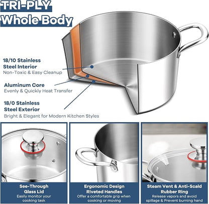 TeamFar 3.5 Quart Stock Pot, Tri-Ply Stainless Steel Pasta Cooking Pot - Image 3
