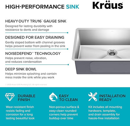 Kraus KHU100-32 Standart PRO 16 Gauge Undermount Single Bowl Stainless Steel Kitchen Sink, 32 Inch