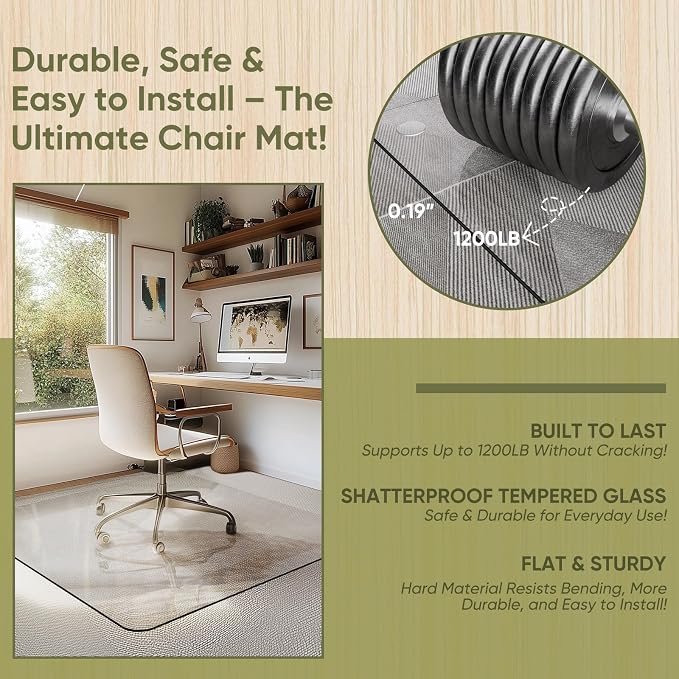 Office Chair Mat for Carpet & Hardwood, Upgraded 45" x 45" Tempered Glass Chair - Image 3