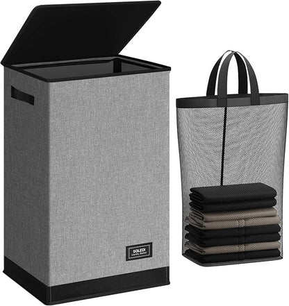 SOLEDI Laundry Hamper with Lid 90L Large & Tall Collapsible Laundry Basket, Clothes Hamper with Bag Removable Easy to Carry, Dirty Hampers for Bedroom, Bathroom, Dorm, College, Grey