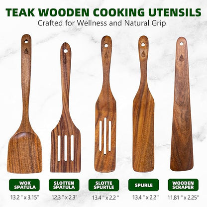5 PCS Wooden Spatula for Cooking, Natural Teak Wooden Utensil Set, Non-Toxic - Image 3