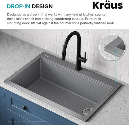 KRAUS Bellucci Workstation 33 in. Drop In Single Bowl Granite Kitchen Sink in Metallic Gray with Accessories, KGTW2-33MGR