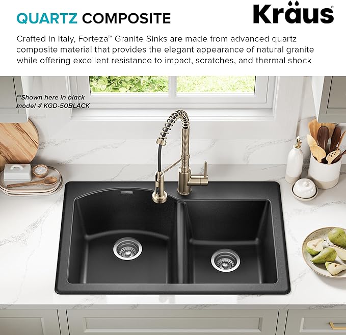 KRAUS Forteza 33-inch Granite Drop In/Undermount 60/40 Double Bowl White Kitchen Sink, KGD-50WHITE