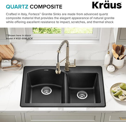 KRAUS Forteza 33-inch Granite Drop In/Undermount 60/40 Double Bowl White Kitchen Sink, KGD-50WHITE