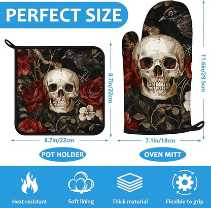 Halloween Skull Rose Crow Oven Mitts and Pot Holders Sets Heat Resistant 4Pcs - Image 2