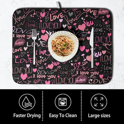 Mother's Day Dish Drying Mat for Kitchen Counter Love Heart Black Drying Mats - Image 4