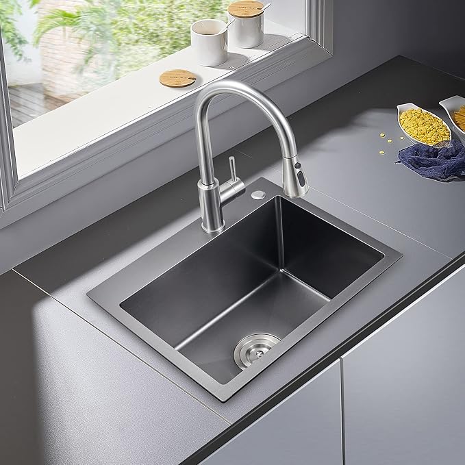 POPFLY 23 x 18 Inch Drop in Kitchen Sink, 304 Stainless Steel Overmount Single Bowl 9 Inch Deep Small Rv Sink Handmaed Bar Prep Top mount Utility Sink, Black
