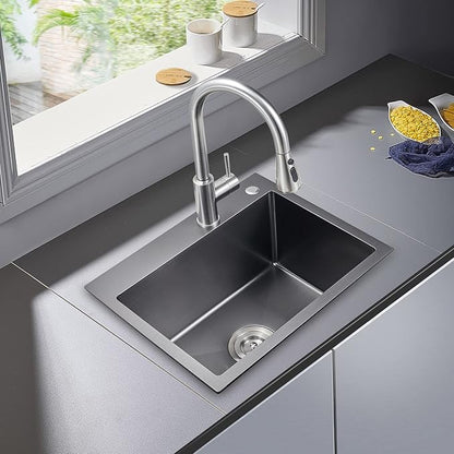 POPFLY 23 x 18 Inch Drop in Kitchen Sink, 304 Stainless Steel Overmount Single Bowl 9 Inch Deep Small Rv Sink Handmaed Bar Prep Top mount Utility Sink, Black