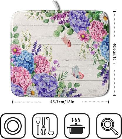 Hydrangea Floral Dish Drying Mat 16x18 inch Spring Summer Decorative Fast Dry - Image 2