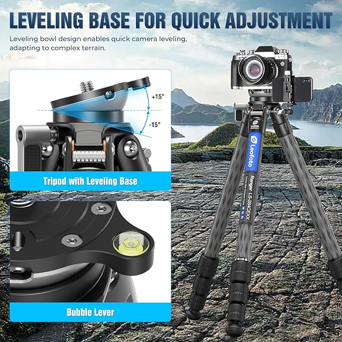 LEOFOTO LS-284CEXX Carbon Fiber Tripod with Leveling Base for Camera, 360° Portable Tripod with 3/8" Screw for Sport Camera/Phone Holder/Projector, A Bubble Level, Folded Length 21.06", Max Load 22LB