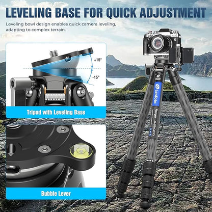 LEOFOTO LS-284CEXX Carbon Fiber Tripod with Leveling Base for Camera, 360° Portable Tripod with 3/8" Screw for Sport Camera/Phone Holder/Projector, A Bubble Level, Folded Length 21.06", Max Load 22LB