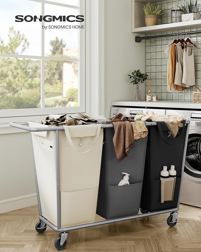 SONGMICS Laundry Basket with Wheels, 3-Section Laundry Sorter, 76.6 Gallons (290 L) Rolling Hamper with Removable Bags, Heavy-Duty Steel Frame, Cream White, Dark Gray and Ink Black URLS010X01