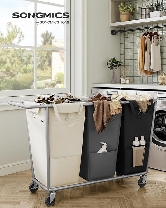 SONGMICS Laundry Basket with Wheels, 3-Section Laundry Sorter, 76.6 Gallons (290 L) Rolling Hamper with Removable Bags, Heavy-Duty Steel Frame, Cream White, Dark Gray and Ink Black URLS010X01