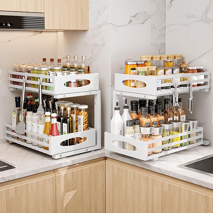 Under Sink Organizer, 2 Tier Under Sink Organizers and Storage, Adjustable Height, Slide out Metal Cabinet Organizers, Pull out Cabinet Storage Drawer Shelf for Kitchen Bathroom White, 2 Pack