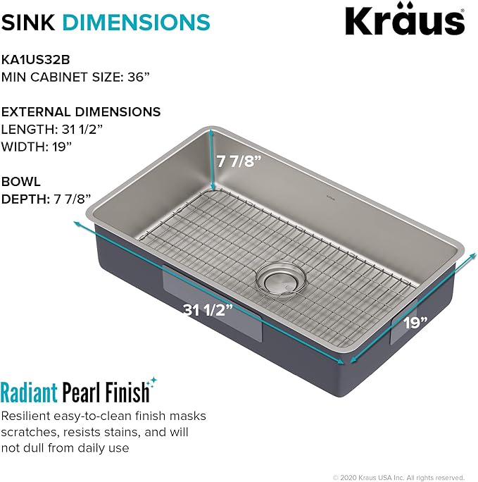 KRAUS Dex 32-inch Undermount 16 Gauge Stainless Steel Single Bowl Kitchen Sink, KA1US32B