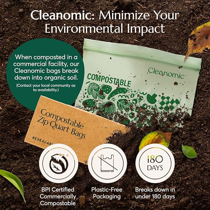 Cleanomic Compostable* Quart Size Food Storage Bags (25 Eco Zip) Freezer and Leak Proof, Also Available Gallon, Snack and Sandwich Size Bags