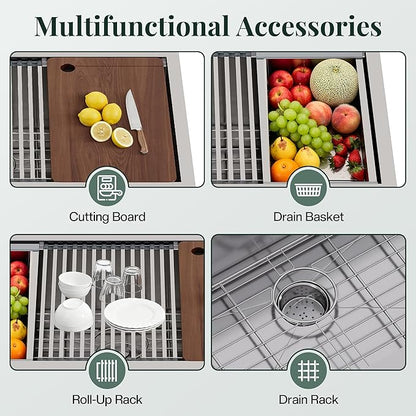 31.5-Inch Undermount Kitchen Sink Workstation, 16 Gauge 304 Stainless Steel Single Bowl Kitchen Sink with Cutting Board, Drying Rack, Roll-Up Rack and Drain Assembly