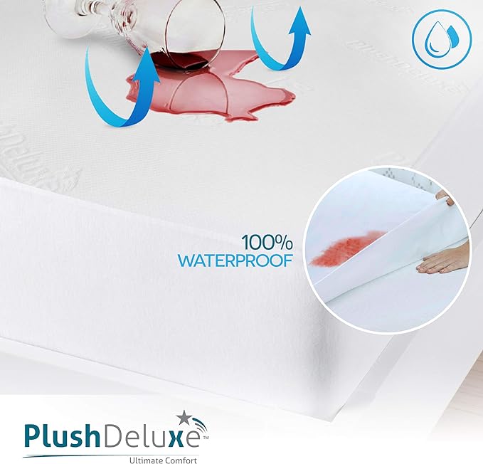 PlushDeluxe Premium Bamboo Mattress Protector – Full Size, Waterproof, & Ultra Soft Breathable Noiseless Washable Bed Mattress Cover for Comfort & Protection - White
