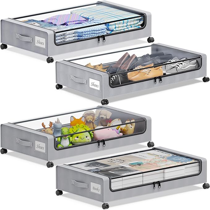 Under Bed Storage with Wheels, 4-Pack Under the Bed Storage Containers with Clear Lids & Label, Underbed Storage Bins, XXL 60L Rolling Metal Drawer for Clothes, Shoes, Toys, Books - Gray