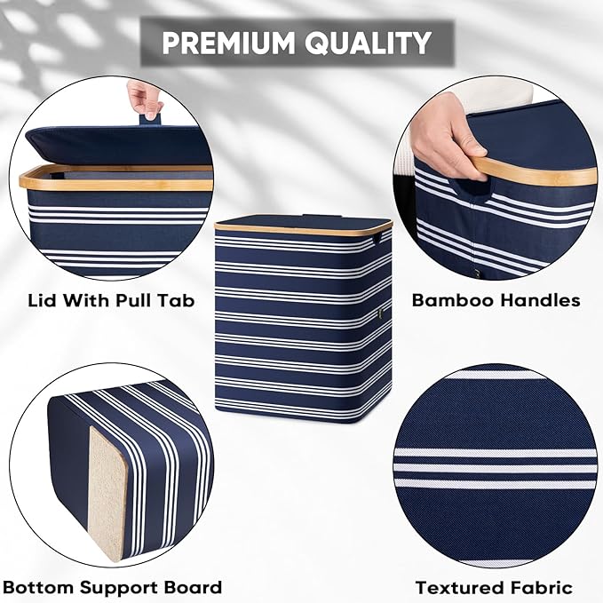 BALEINE Laundry Hamper with Lid, Tall Laundry Baskets with Bamboo Pull Handles, Large Laundry Bin with Internal Support (36 Gal/140L, Blue Pinstripe)