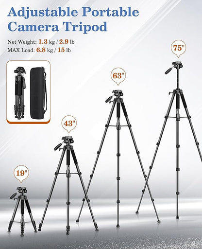 JOILCAN 75" Camera Tripod, Tripod for Camera Cell Phone, Aluminum Heavy Duty Tripods Stand, Tall Travel Tripods with Carry Bag Compatible with iPhone Canon Nikon DSLR Camera Laser Projector