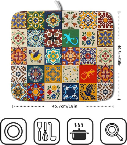 Giwawa Mexican Tile Dish Drying Mat 16"x18" Talavera Boho Floral Print Dish - Image 2
