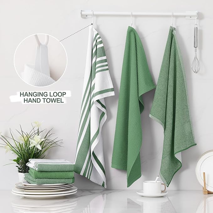 Homaxy Premium Kitchen Towels(18”x 28”, 6 Pack), Large Cotton 380 GSM Kitchen Hand Towels, Soft and Absorbent Terry Dish Towels, Multipurpose Tea Towel Set with Hanging Loop, Grass Green