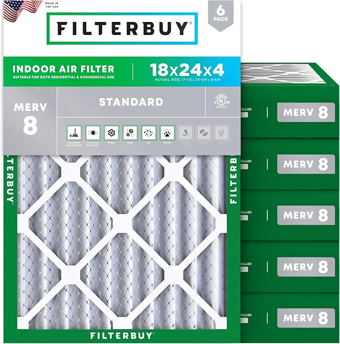 Filterbuy 18x24x4 Air Filter MERV 8 Dust Defense Replacement, Electrostatic by Filterbuy