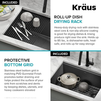 KRAUS Kore Workstation 27-inch Undermount 16 Gauge Black Stainless Kitchen Sink, Single Bowl Kitchen Sink in PVD Gunmetal Finish with Accessories, KWU110-27-PGM