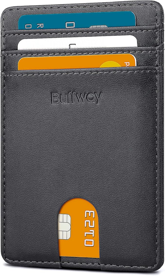 Buffway Mens Slim Wallet, Minimalist Thin Front Pocket Leather Credit Card Holder with RFID Blocking for Work Travel