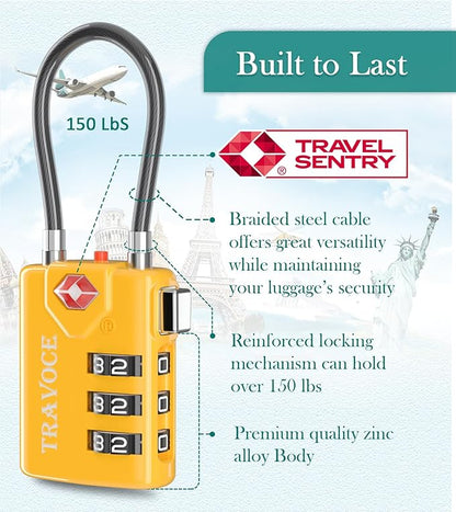 Search Alert TSA Approved Travel Combination Luggage Cable Locks for Suitcase, Gym Locker,Toolbox,Backpack 1,2,4,6 &10 pk (Three Colors)