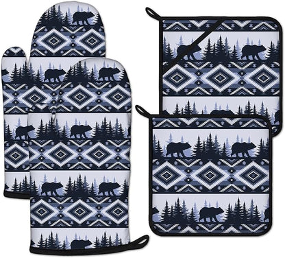 Vintage Rustic Bear Oven Mitts and Pot Holders Sets Heat Resistant 4Pcs by ANTJOO