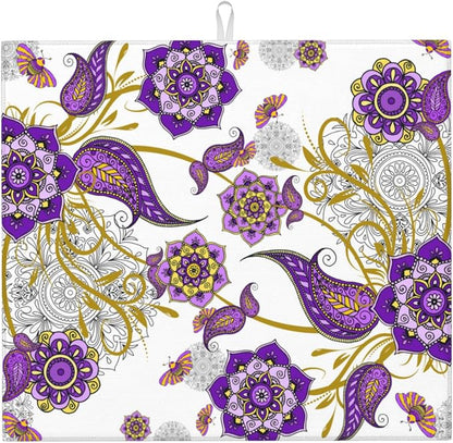 Boho Floral Dish Drying Mat for Kitchen Counter Washable Absorbent Reversible by Unknown