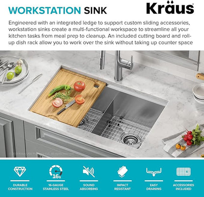 KRAUS Kore Workstation 30-inch Undermount 16 Gauge Stainless Steel Kitchen Sink, Double Bowl Kitchen Sink with Accessories, KWU112-30